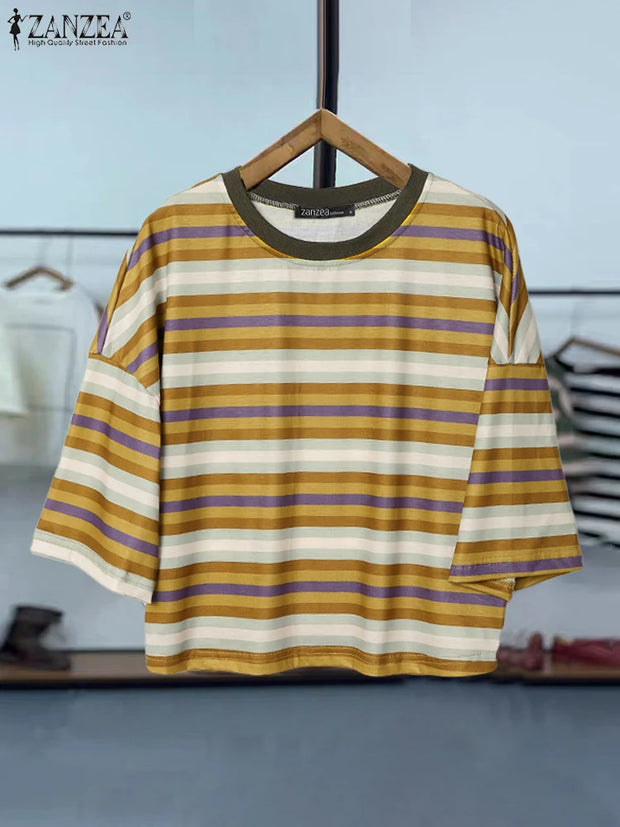 ZANZEA Casual Stripes Splicing Tops Summer Short Sleeved T-shirts 2025 Women Simple Tees Retro Round Neck Colorblock Tunics