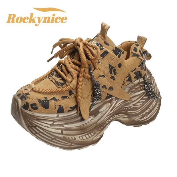 High Platform Sneakers 8CM Wedge Heels Leather Walking Shoes Woman New Autumn Leopard Vulcanize Shoes Female Chunky Sneakers