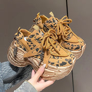 High Platform Sneakers 8CM Wedge Heels Leather Walking Shoes Woman New Autumn Leopard Vulcanize Shoes Female Chunky Sneakers