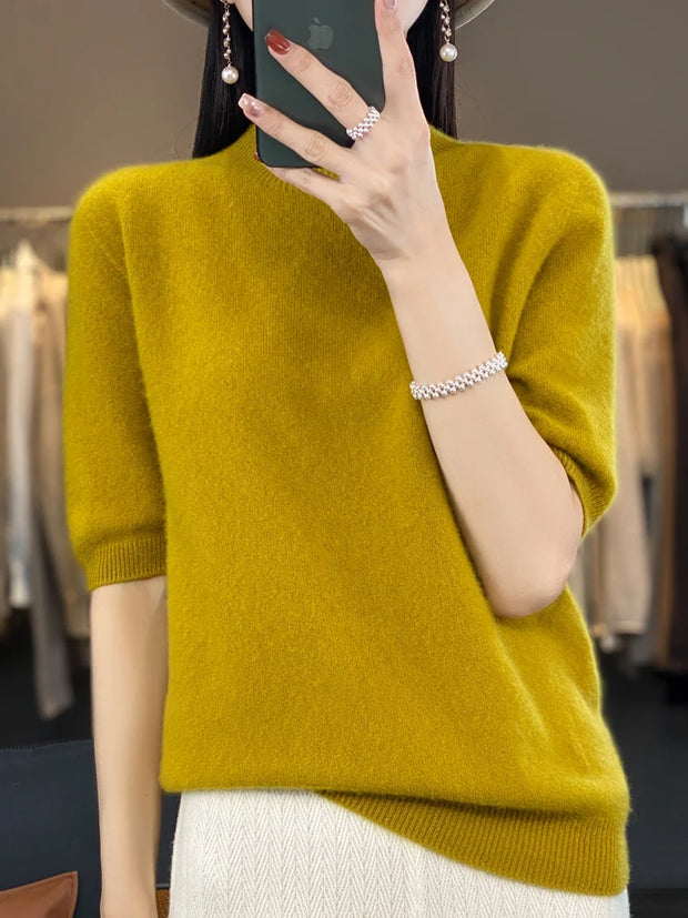 First-line ready-to-wear 100% pure sweater women's semi-turtle neck short-sleeved loose sweater semi-sleeve bottoming shirt