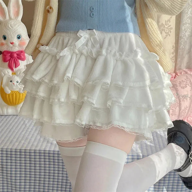 Winter Warm Bowknot Lace Ruffle Pumpkin Bloomers Victorian Plush Shorts Women Girls Lolita Harajuku Y2k Lantern Shorts Pants