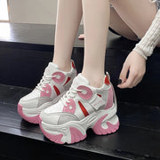 Women Walking Sneakers New Autumn Lace-up High Platform Chunky Shoes Breathable Leather Shoes 10.5CM Wedge Heels Casual Shoes