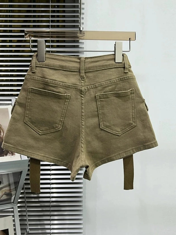 Large Pocket Denim Shorts Women's Elastic Slim 2024 New Spring/Summer High Waisted Short Cargo Pants Cool Girls Hot  Jeans Pants