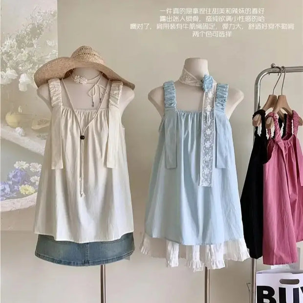 French sweet design pleated loose camisole women 2024 summer comfortable and fashionable tops