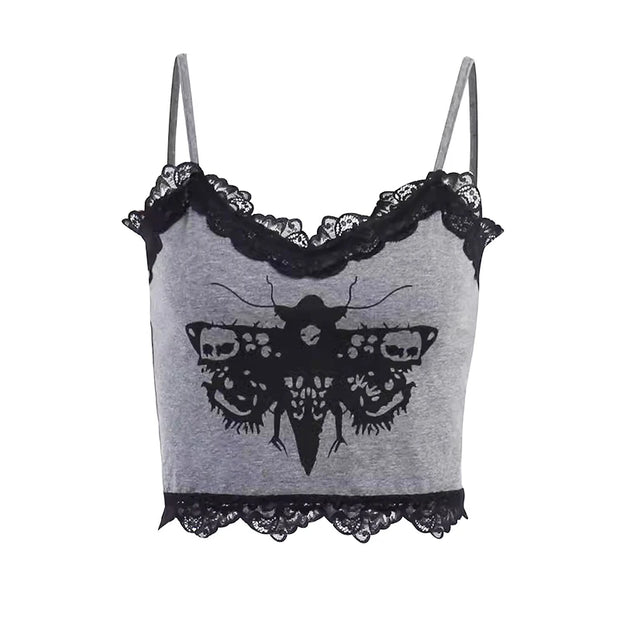 REDDACHiC Retro Gray Lace Trim Camisole Women Graphic Print Butterfly Sleeveless Vest Pullover Summer Acubi Fashion Streetwear