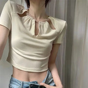 Apricot short-sleeved T-shirt women's summer hot girl high-waisted chain design hollow short top