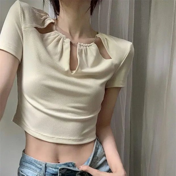 Apricot short-sleeved T-shirt women's summer hot girl high-waisted chain design hollow short top