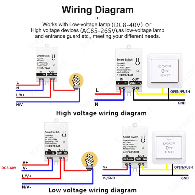 Tuya WiFi Smart Switch Module Dry Contact 10A Smart Home DIY Breaker Relay DC 8-40V AC 85-265V Works with Alexa Google Assistant