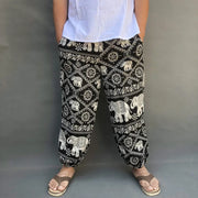 Men's Summer Cotton Linen Printed Elastic Loose Fitting Wide-leg Pants Quick Dry Soft Bloomers Breathable Lounge Pajama Trousers