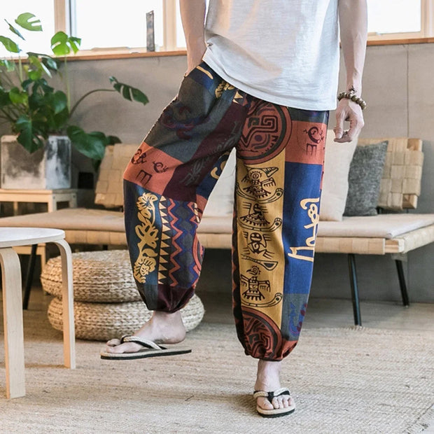 Men's Summer Cotton Linen Printed Elastic Loose Fitting Wide-leg Pants Quick Dry Soft Bloomers Breathable Lounge Pajama Trousers