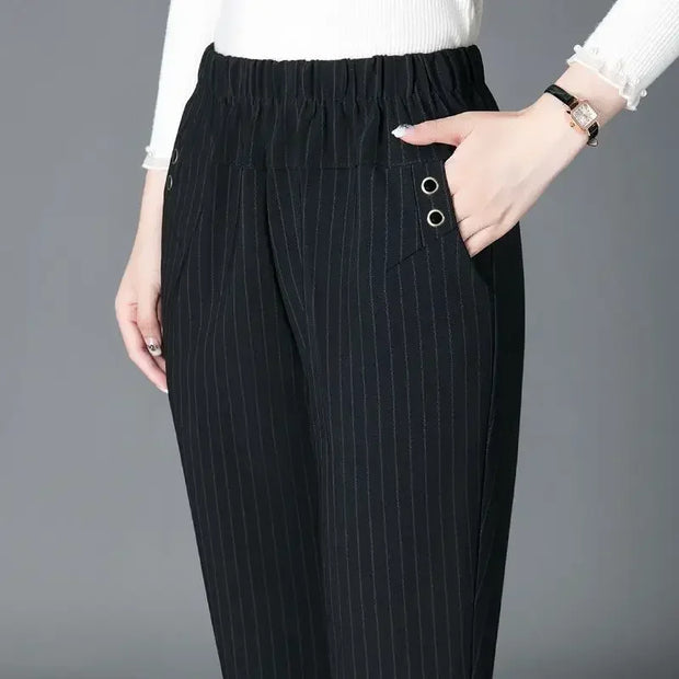 Fashion Women Vintage Slim Pants Spring Autumn Streetwear New Elastic High Waist Stripe Plaid Straight Casual Trousers Z817