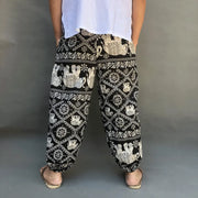 Men's Summer Cotton Linen Printed Elastic Loose Fitting Wide-leg Pants Quick Dry Soft Bloomers Breathable Lounge Pajama Trousers