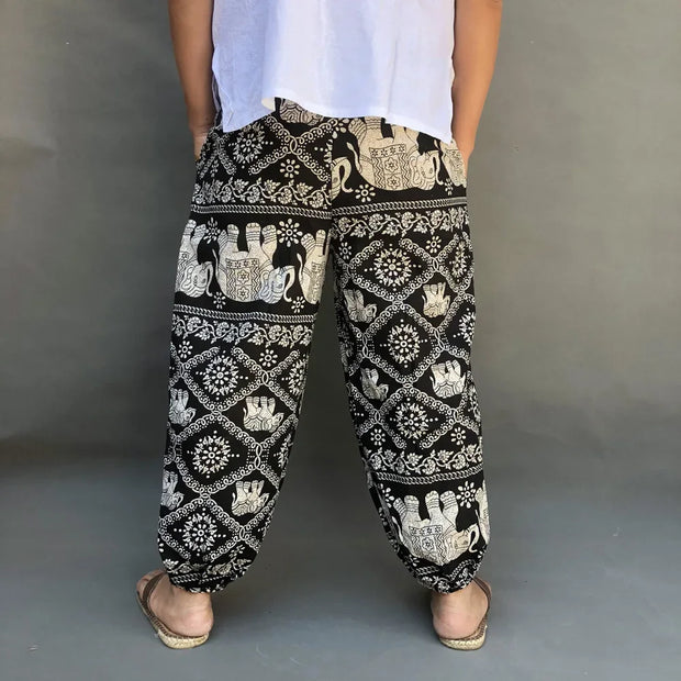 Men's Summer Cotton Linen Printed Elastic Loose Fitting Wide-leg Pants Quick Dry Soft Bloomers Breathable Lounge Pajama Trousers