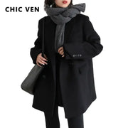 CHIC VEN Women Wool Blend Coat Solid Mid Long Woolen Blazer Thick Warm Blouse Women's Overcoat Office Lady Tops Autumn Winter