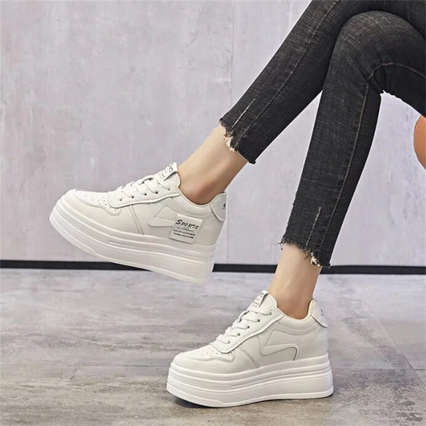 8cm Cow Genuine Leather Women Skate Boarding High Brand Chunky Sneaker Casual Vulcanized Shoes Platform Wedge Stable Shoes