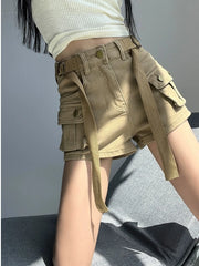 Large Pocket Denim Shorts Women's Elastic Slim 2024 New Spring/Summer High Waisted Short Cargo Pants Cool Girls Hot  Jeans Pants