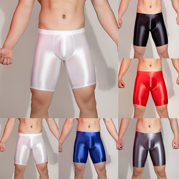 Men Sports Gym Shorts Shiny Glossy Leggings Boxer Briefs Tight Fitting Underwear Leggings Quick Dry High Stretch