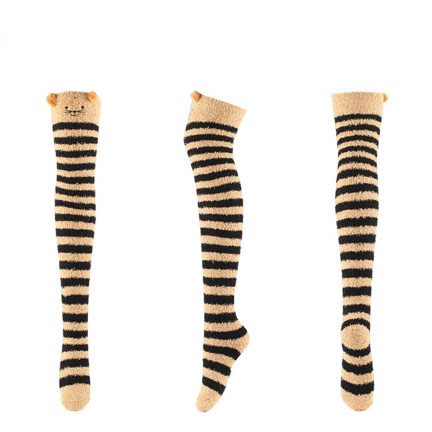 Thick Over The Knee Socks Women Striped Thigh Highs Cute Socks Kawaii Panda Fox Stockings Women's Warm Floor Towel Socks