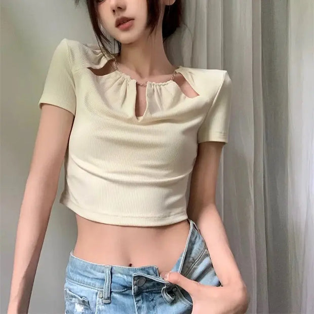 Apricot short-sleeved T-shirt women's summer hot girl high-waisted chain design hollow short top