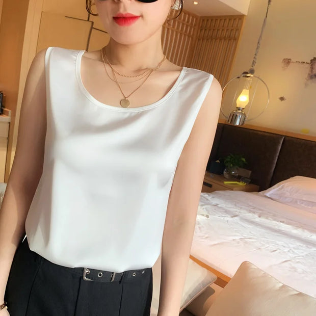 2024 New Fashion Silk Thin Short Sleeve Tees Slip Woman Summer Clothes Elegant Tops Solid Loose Casual Camisole T-shirt