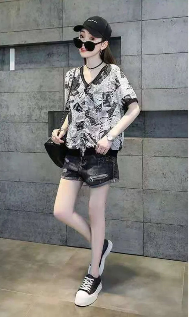 With Short Sleeve Crop Chiffon Woman Top Shirts & Blouses for Women New Collection 2024 Clothing Trend Streetwear S Fashion Y2k