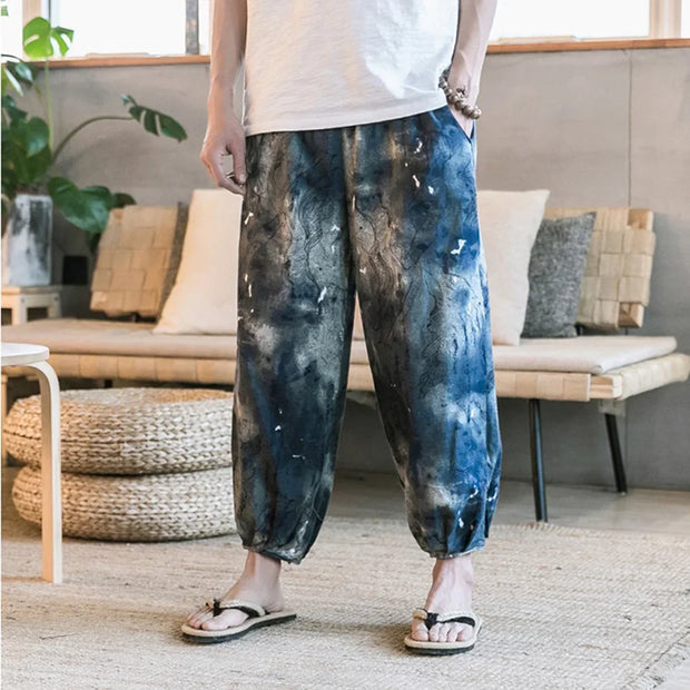 Men's Summer Cotton Linen Printed Elastic Loose Fitting Wide-leg Pants Quick Dry Soft Bloomers Breathable Lounge Pajama Trousers