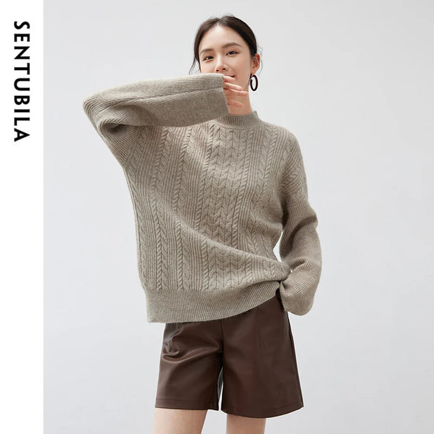 SENTUBILA Women Oversized Sweater Loose Pullovers 2024 Winter Warm Knitwear Long Sleeve Cable Knit Top Female Jumpers W44E57203