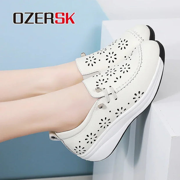 OZERSK Women Casual Shoes Quality Cow Leather Comfortable Soft Summer Breathable Office Leisure Walking Work Shoes Size 35-40