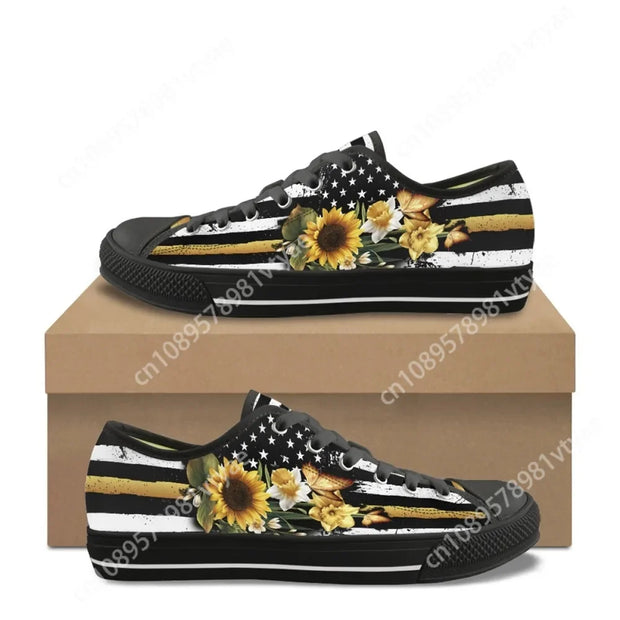 Custom Made Sunflower American Flag Design Lightweight Canvas Low Top Shoes Outdoor Walking Footwear Soft Sole Casual Sneakers