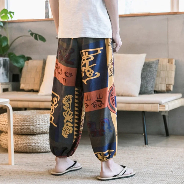 Men's Summer Cotton Linen Printed Elastic Loose Fitting Wide-leg Pants Quick Dry Soft Bloomers Breathable Lounge Pajama Trousers