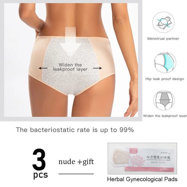 3pcs Leak Proof Menstrual Panties+Herbal Gynecological Pads Women Sanitary Panties  Plus Size Physiological Waterproof Briefs