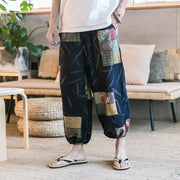 Men's Summer Cotton Linen Printed Elastic Loose Fitting Wide-leg Pants Quick Dry Soft Bloomers Breathable Lounge Pajama Trousers