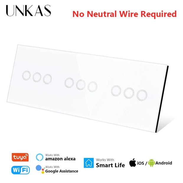 UNKAS 3 / 6 / 9 / 12 Gang WiFi Touch On / Off Smart Light Switch 228mm White Black Class Panel Outlet Single Fire Line