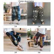 Men's Summer Cotton Linen Printed Elastic Loose Fitting Wide-leg Pants Quick Dry Soft Bloomers Breathable Lounge Pajama Trousers