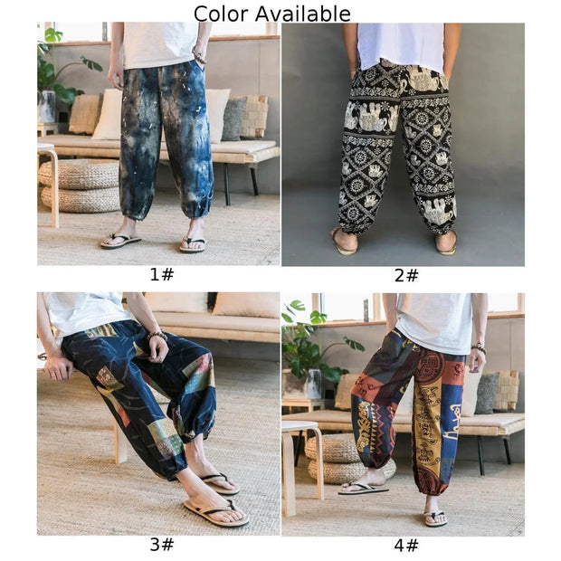 Men's Summer Cotton Linen Printed Elastic Loose Fitting Wide-leg Pants Quick Dry Soft Bloomers Breathable Lounge Pajama Trousers