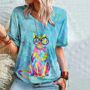 Retro Women's T Shirt Anime Cat Graphic Girl Clothes Summer V-neck Short Sleeve Tees Female Harajuku Streetwear Oversized Blouse