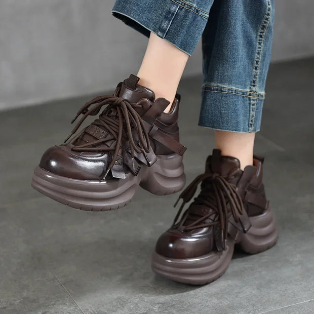 Koznoy 6.5cm Cow Genuine Leather Booties Flats Ankle Boots Autumn Spring Platform Wedge Women Chunky Sneaker Loafers Comfy Shoes