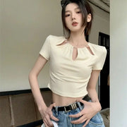 Apricot short-sleeved T-shirt women's summer hot girl high-waisted chain design hollow short top