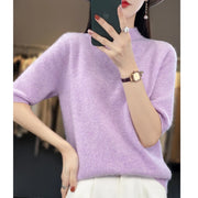 First-line ready-to-wear 100% pure sweater women's semi-turtle neck short-sleeved loose sweater semi-sleeve bottoming shirt