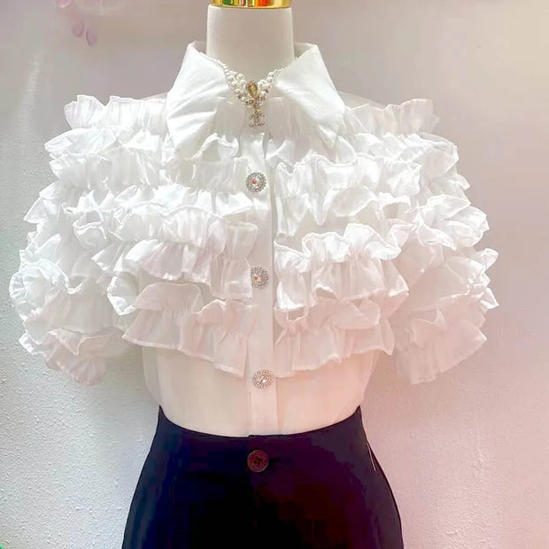 Women Elegant Chic French Beautiful Blouses 2023 Summe Ruff 3D Flower Short Sleeve Female Shirts and Blouse Top Free Clothing