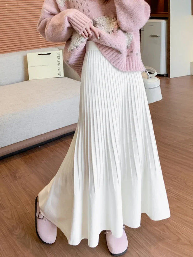 Women's Winter Skirts Elastic High Waist A-LINE Knitted White Skirt Korean Fashion Big Pendulum Pleated Long Skirts for Women