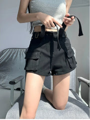 Large Pocket Denim Shorts Women's Elastic Slim 2024 New Spring/Summer High Waisted Short Cargo Pants Cool Girls Hot  Jeans Pants