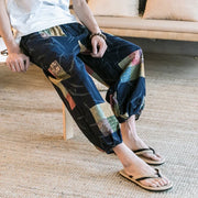 Men's Summer Cotton Linen Printed Elastic Loose Fitting Wide-leg Pants Quick Dry Soft Bloomers Breathable Lounge Pajama Trousers