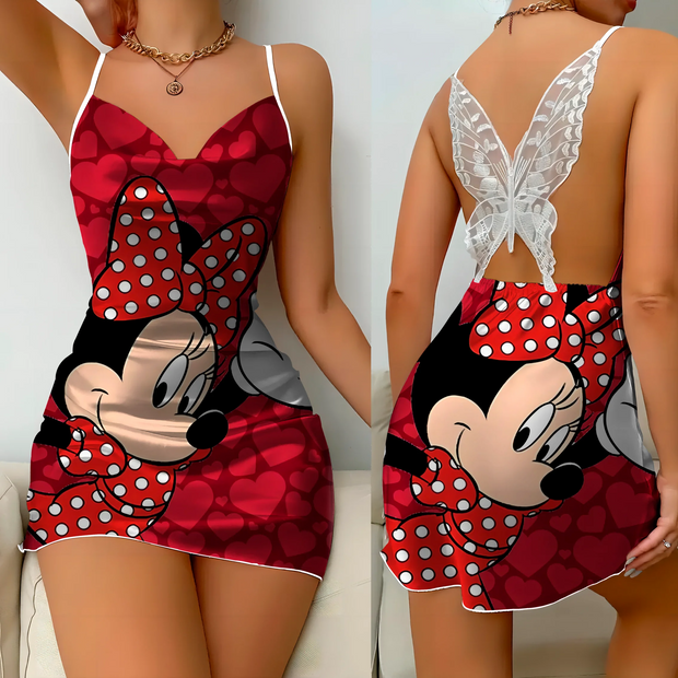 Mini Dress Pajama Skirt Bow Knot Party Dresses Satin Surface Minnie Mouse Disney Mickey Womens Fashion Summer 2024 Elegant Women