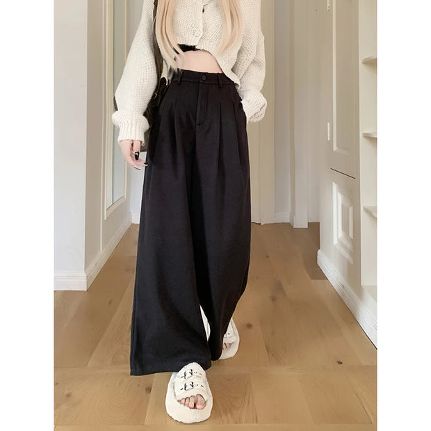 Gray Woolen Casual Pants Wide Leg Pants Women's Winter High Waist Hanging Feeling Slimming Straight Leg Pants