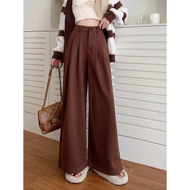 Gray Woolen Casual Pants Wide Leg Pants Women's Winter High Waist Hanging Feeling Slimming Straight Leg Pants