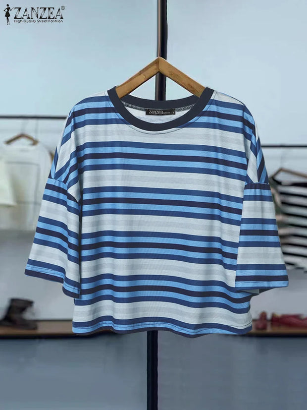 ZANZEA Casual Stripes Splicing Tops Summer Short Sleeved T-shirts 2025 Women Simple Tees Retro Round Neck Colorblock Tunics