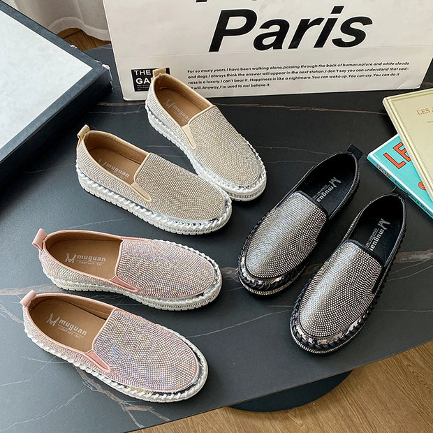 2025 Spring New Women's Outdoor Fashion Casual Shoes Middle Follow Thick Soled Rhinestone Platform Flat Shoes Comfor Versatile