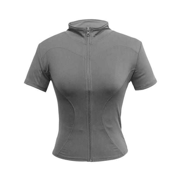 Yoga Tops Zipper Jacket Short Sleeve Gym Shirts Waist Slimmer Zip Up Sports Workout Top Fitness Jackets Running Slim Fit Tops