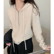 Western style zipper hooded pure cashmere knit cardigan women autumnwinter lazy loose hoodie woolen hoodie sweater coat